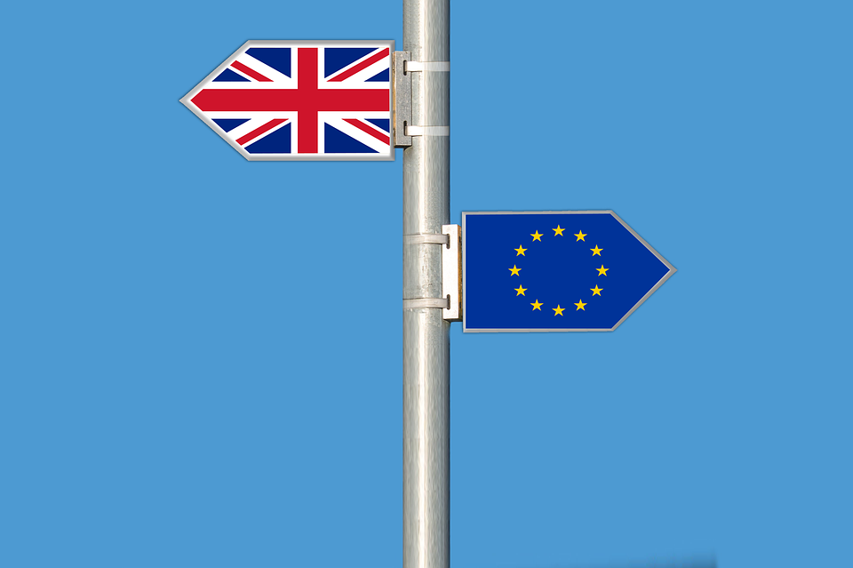A lamppost with British and European Union flags strapped on