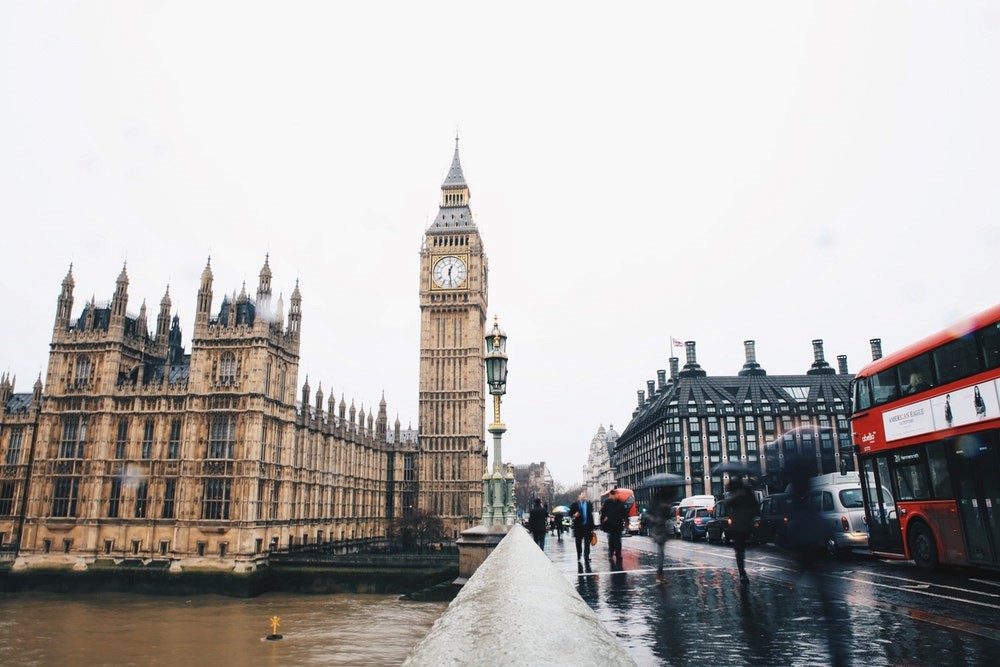Houses of parliament and Westminster bridge on a rainy day