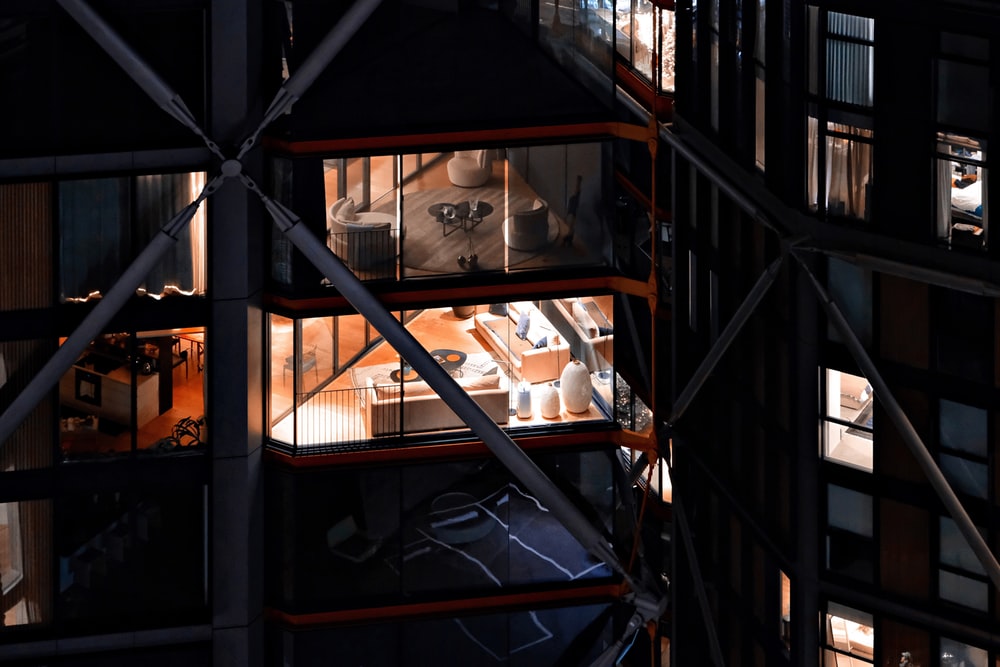 A modern apartment building at night