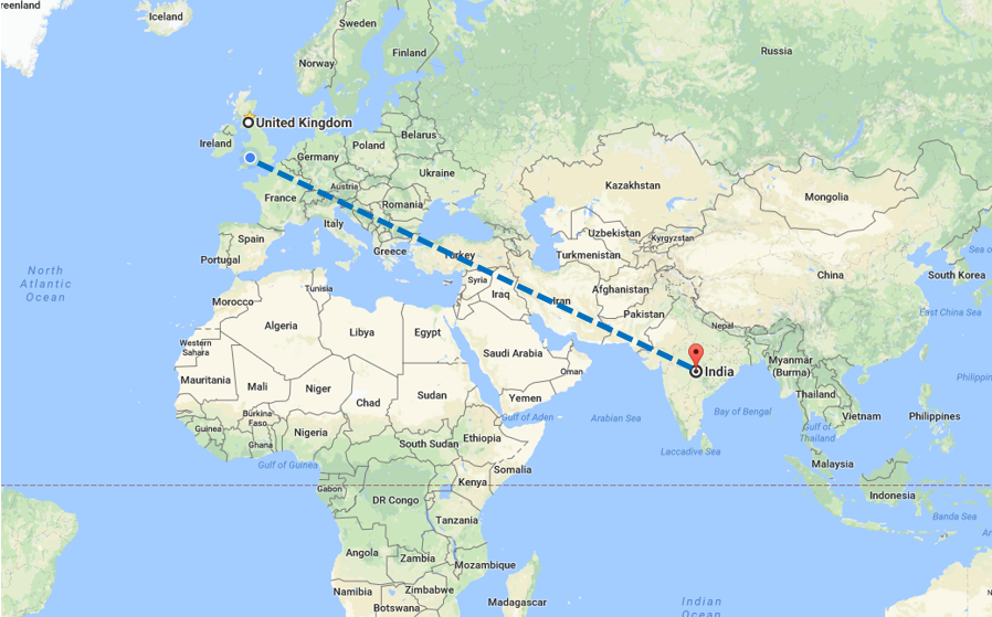 A map showing the distance between the United Kingdom and India