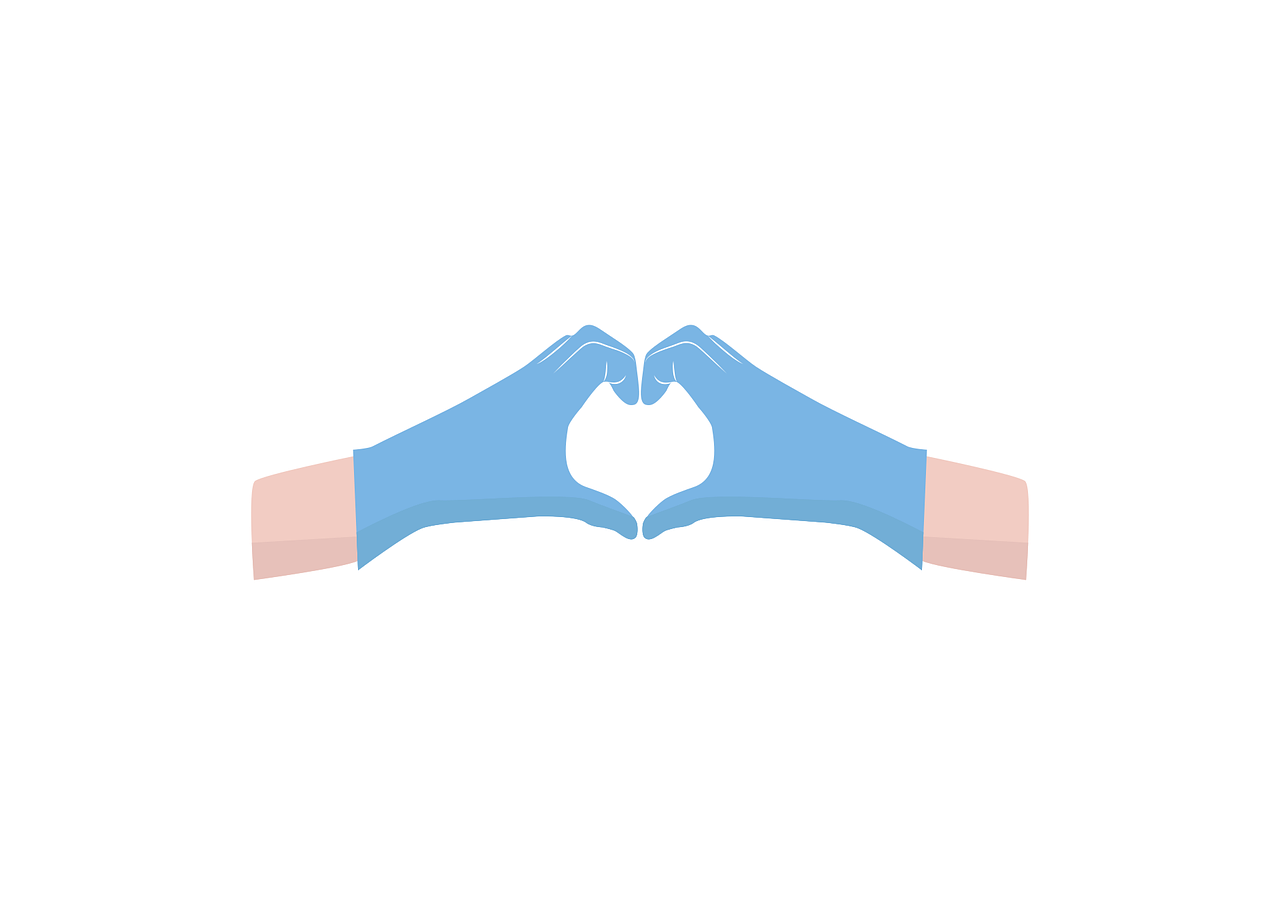 Cartoon hands wearing blue gloves making a heart shape