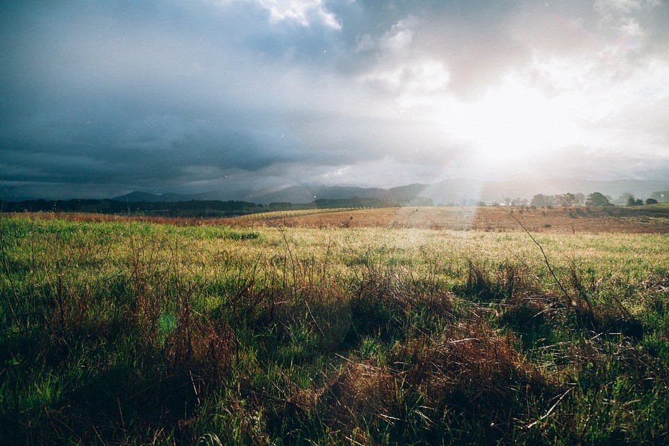 Dramatic landscape of a field with sun shining through grey clouds