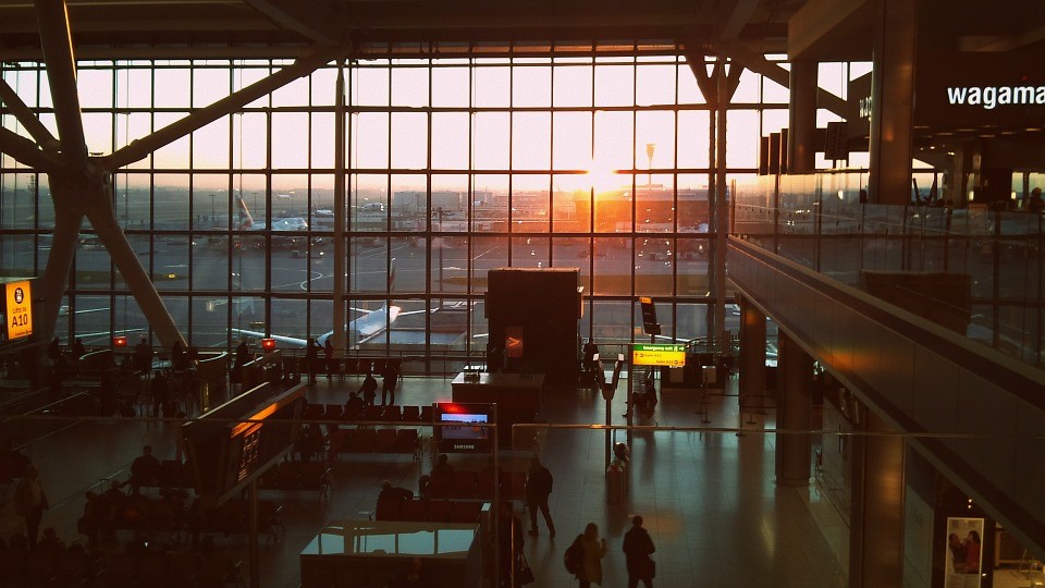 Inside Heathrow airport during sunset