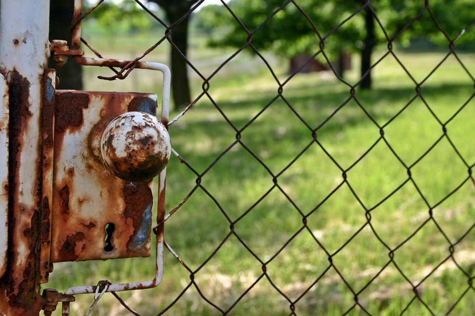 A rusty lock on an outside gate behind a field