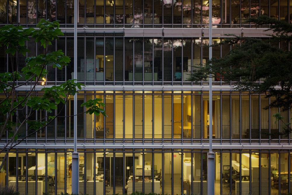 Side view of an office building surrounded by trees